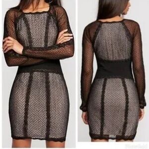 FREE PEOPLE Mixed Mesh Long Sleeve Embroidered Bodycon Mini Dress sz Small Black